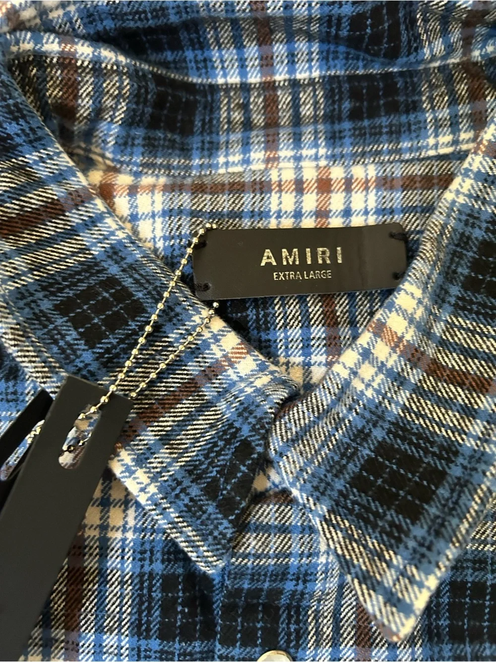 AMIRI Blue Black White Plaid Flannel Shirt says xl fits like a large